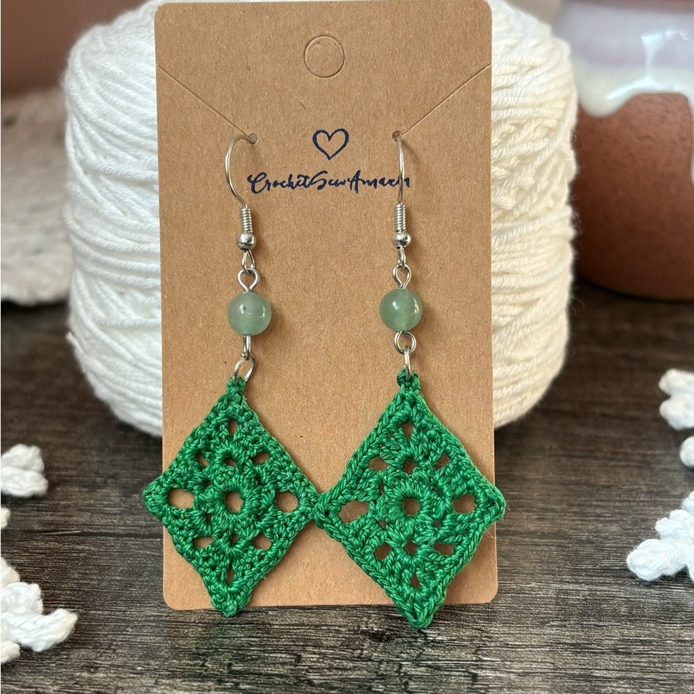 NEW Handmade Green Crochet Diamond Shaped Earrings